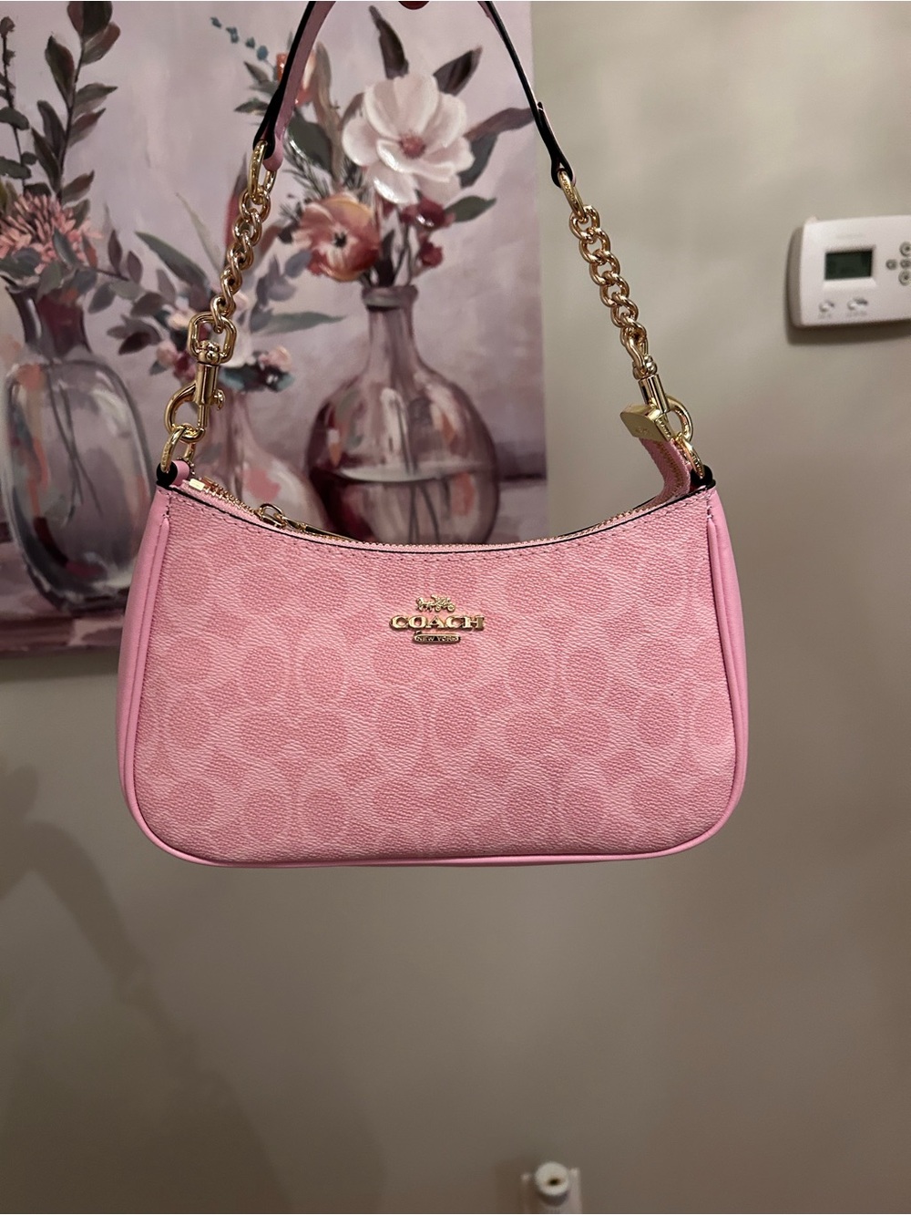 Coach Pink Signature Chain Shoulder Bag with Gold Hardware